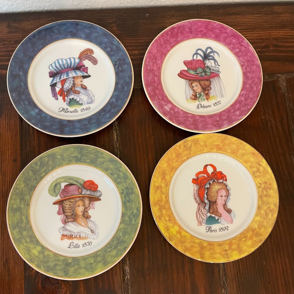 Set of 4 1855 Email de Limoges Fair Lady Porcelain Plates